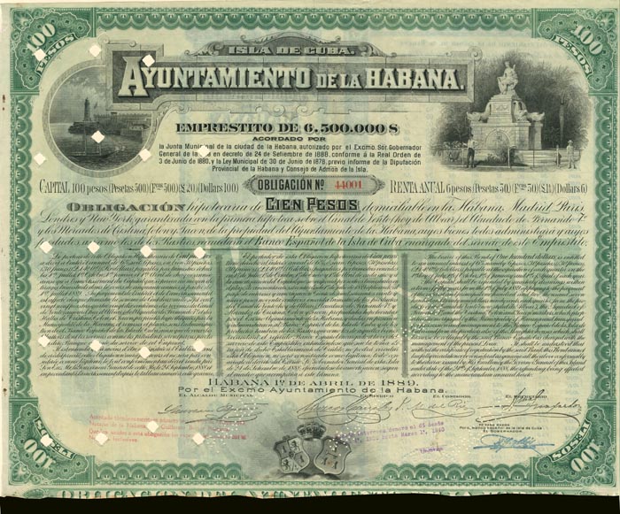 Ayuntamiento De La Habana - 1889 dated 100 Pesos Cuba Bond